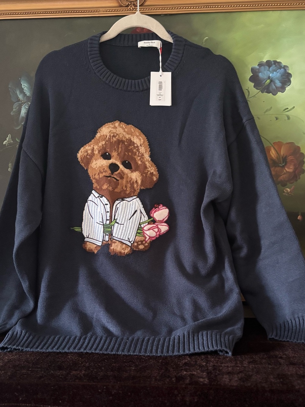 NWT Aritzia Women Cotton Charm Peggy Icon George the Dog Sweater navy size S